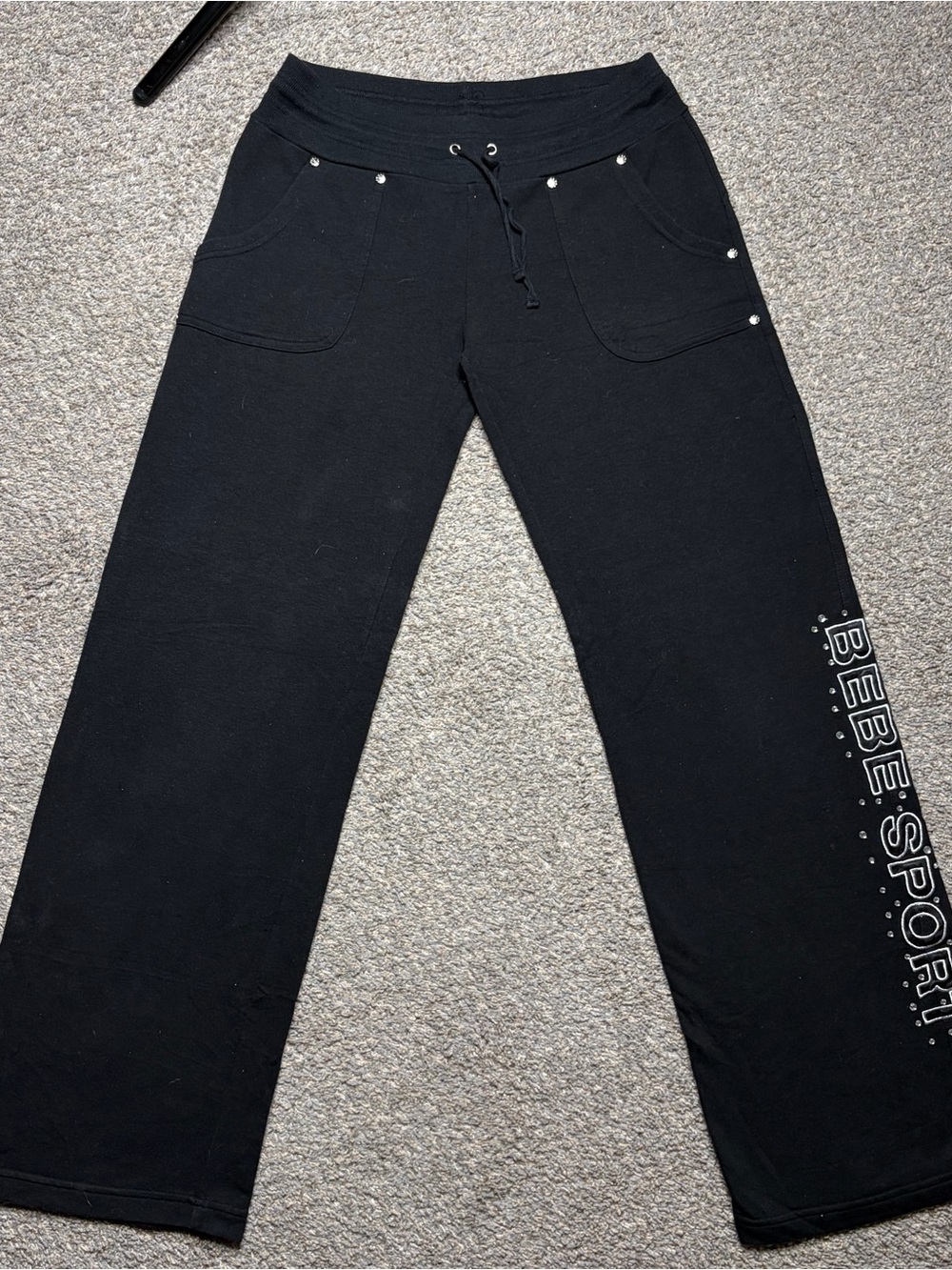 Vintage Y2K Bebe Sport logo Rhinestone Flare Yoga Pant Drawstring Cotton Pockets